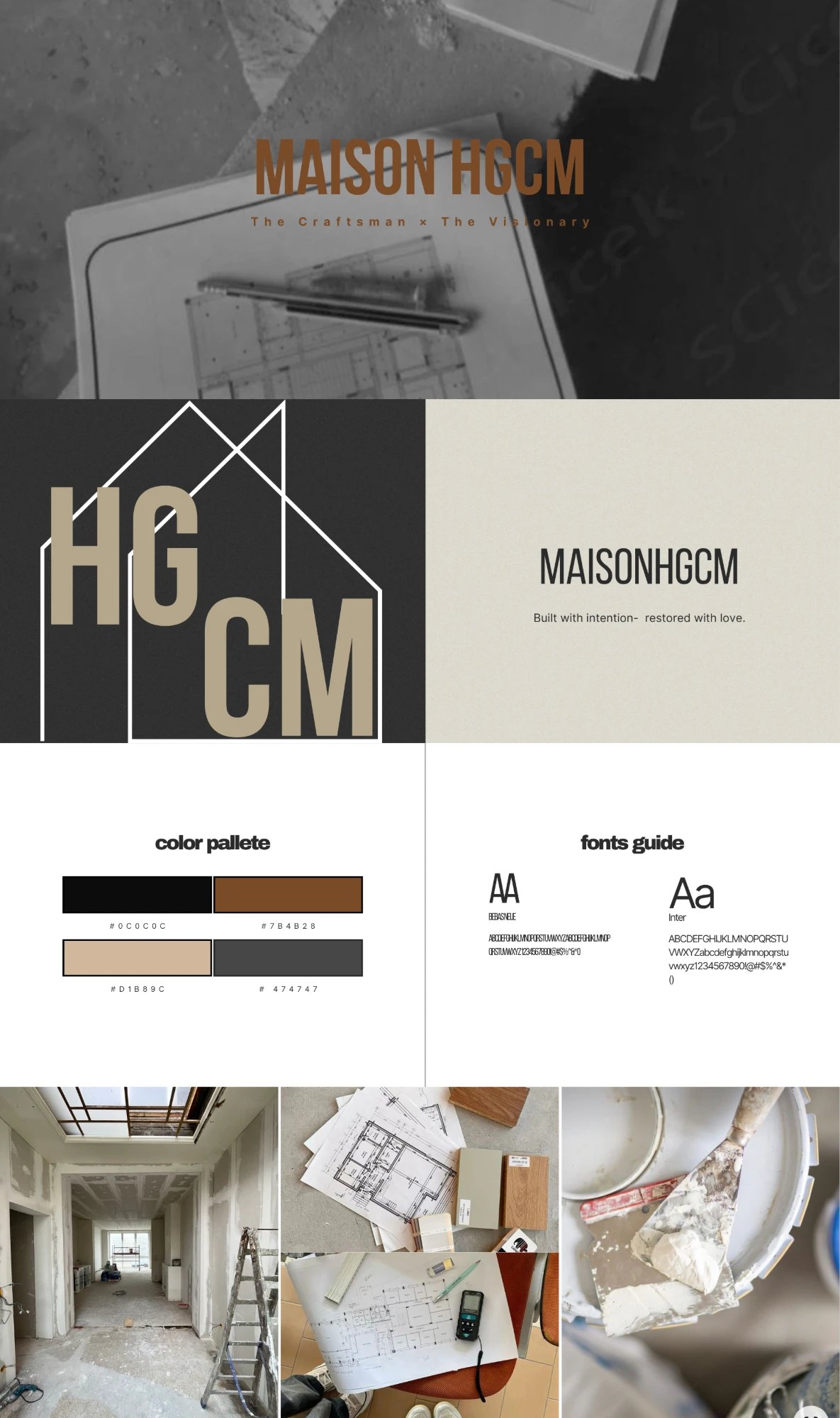 Maison HGCM brand board: logo, palette, fonts and site photos